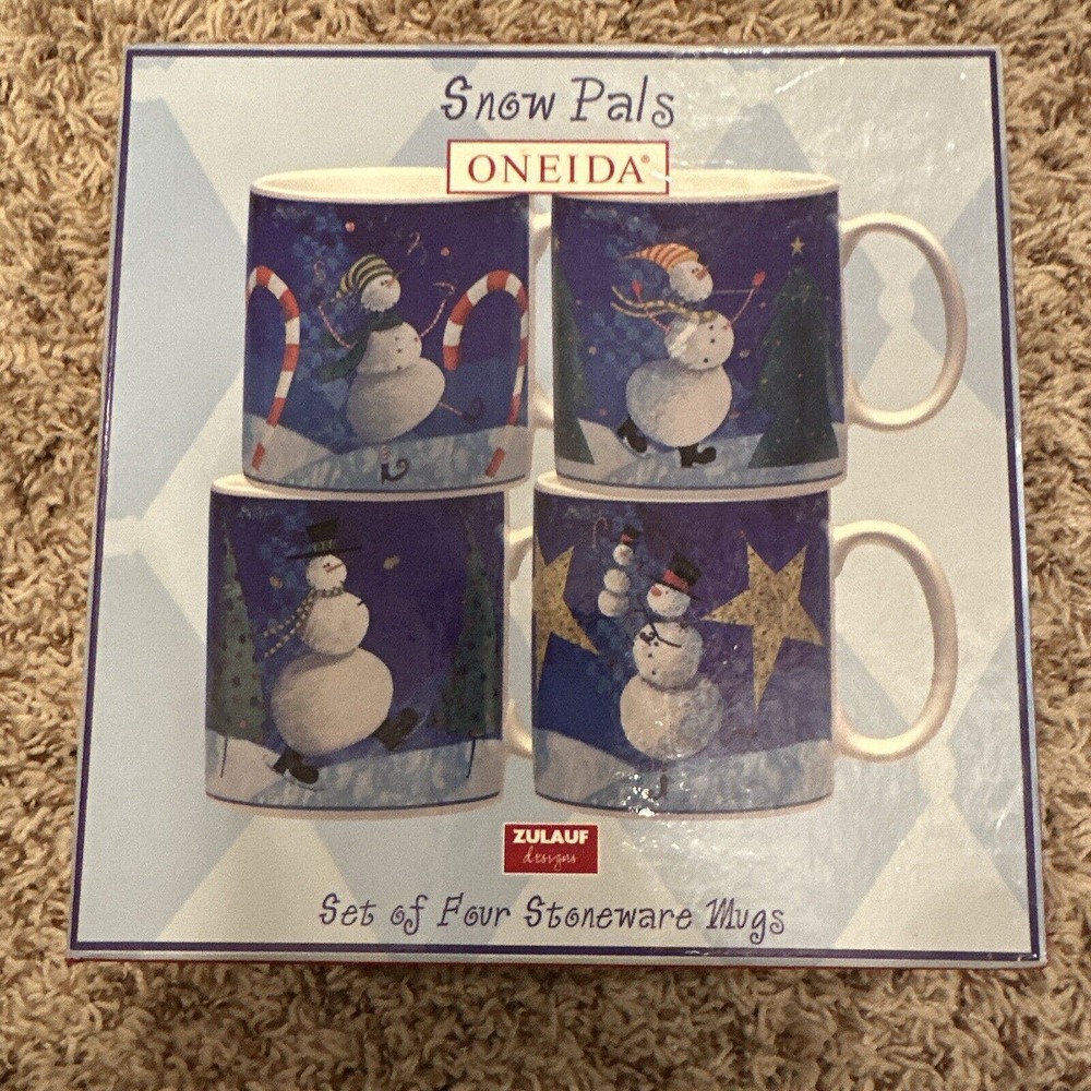 Oneida Zulauf Designs Holiday‎ Stoneware Mugs Set Of Four Snow Pals NIB